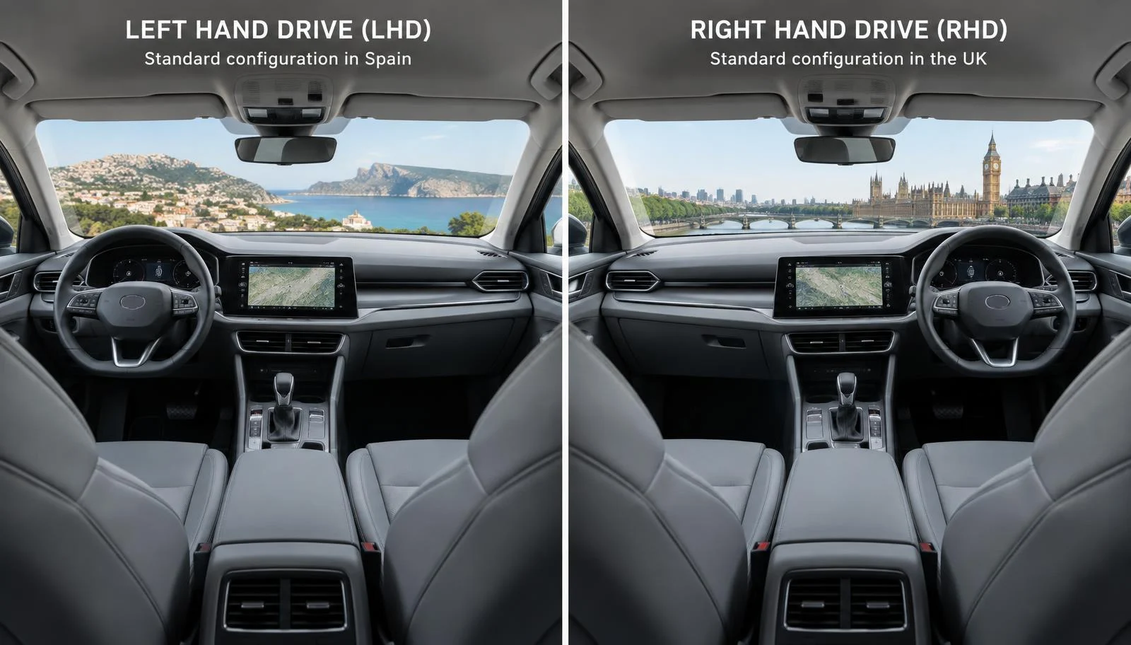 Comparison of matching car interiors: left hand drive with the steering wheel on the left, and right hand drive with the steering wheel on the right.